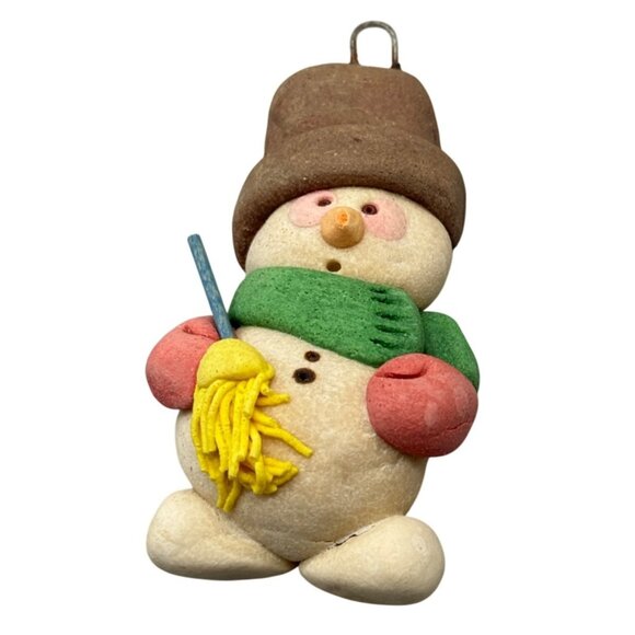 Vintage handmade Snowman Ornament With Broom scarf hat 3.5" white green READ - Picture 1 of 6